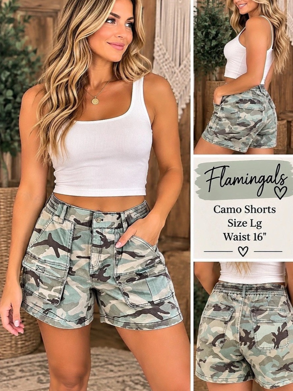 NWT Flamingals Camo Print Patch Pocket Mid Rise Bermuda Shorts Bermuda Shorts Gr